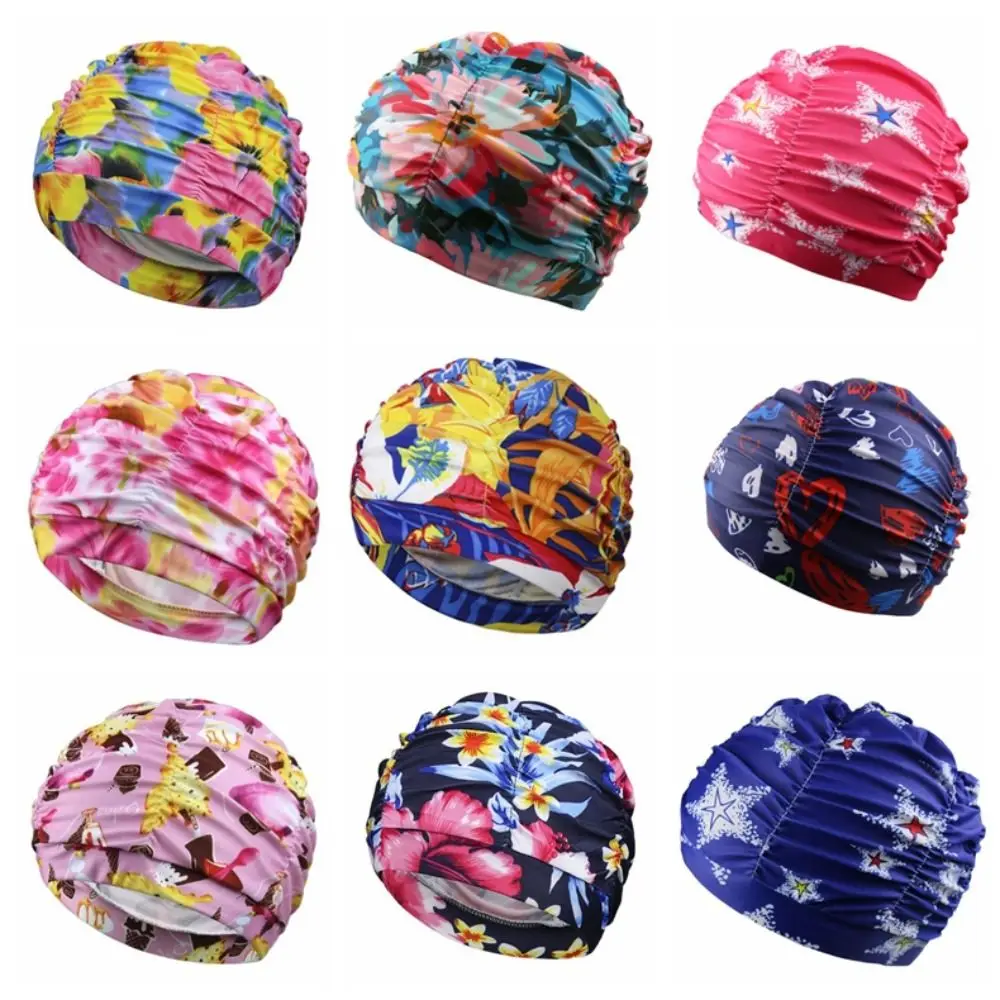 Printed Fabric Oversized Swimming Cap Quick Drying Breathable Hot Spring Swimming Cap Ear Protection Free Size Bathing Cap Sand