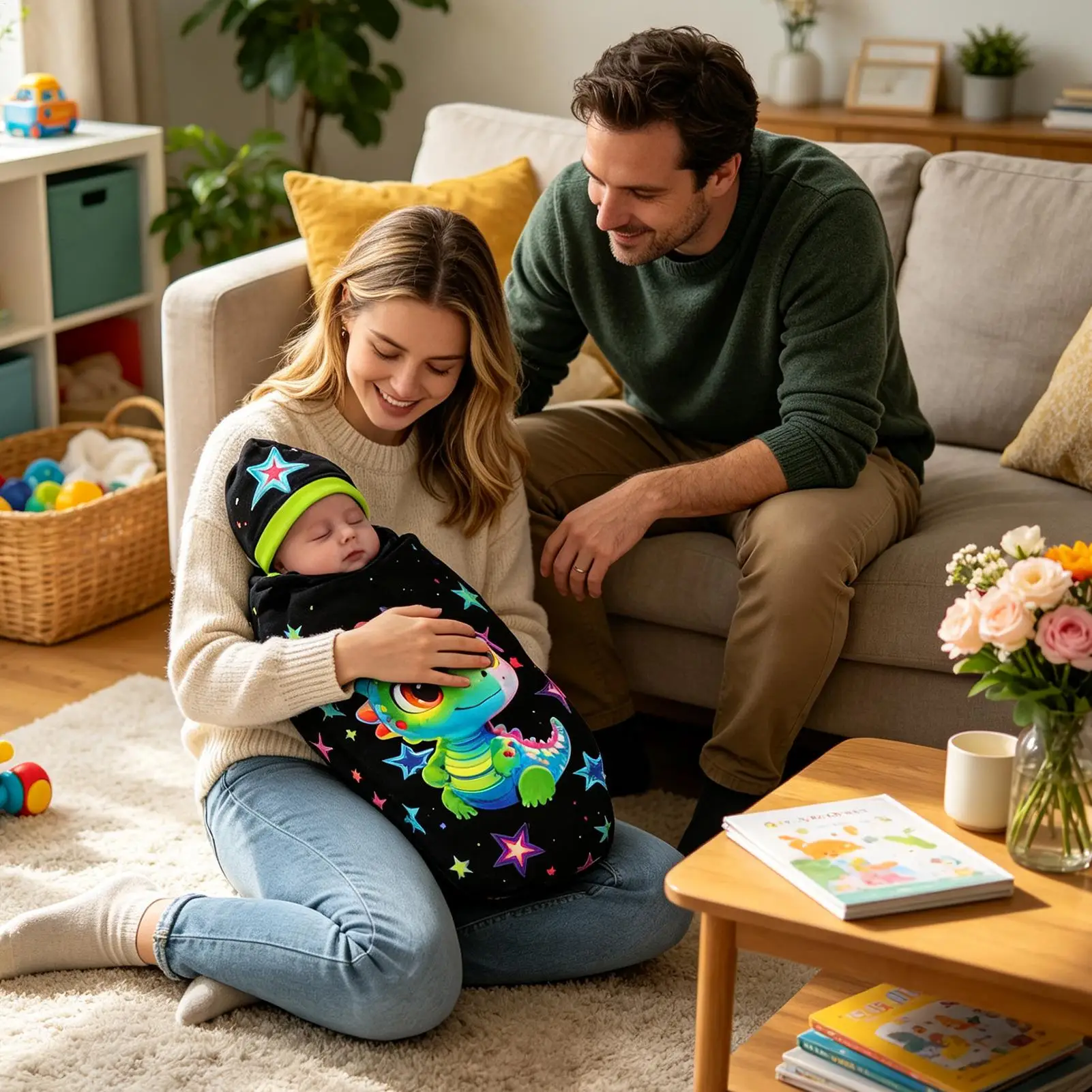 通気性のある可愛い恐竜柄の帽子付きおくるみブランケット、新生児の両親、自宅、病院用