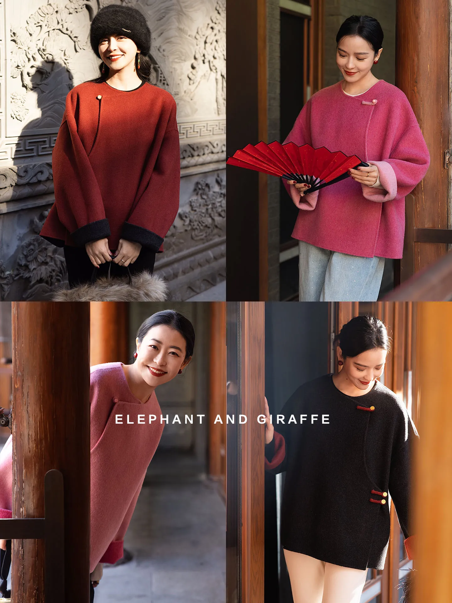 

Double-Sided Wear Woolen Coat Elephant And Girfe Design Luy Happin New Chinese Sle Year Ending Ladies Mid-Length Coat