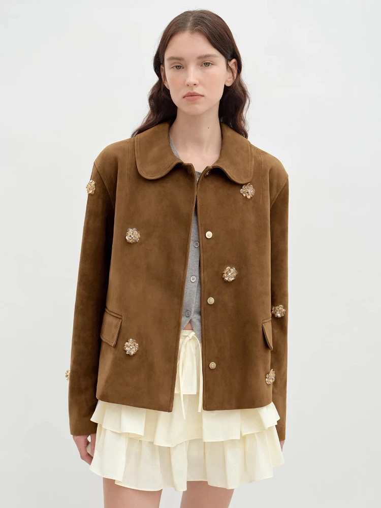 Vintage Genuine Leather Cropped Jackets for Women Spring Autumn 2025 New High-end Simple Beading Real Sheepskin Suede Coat