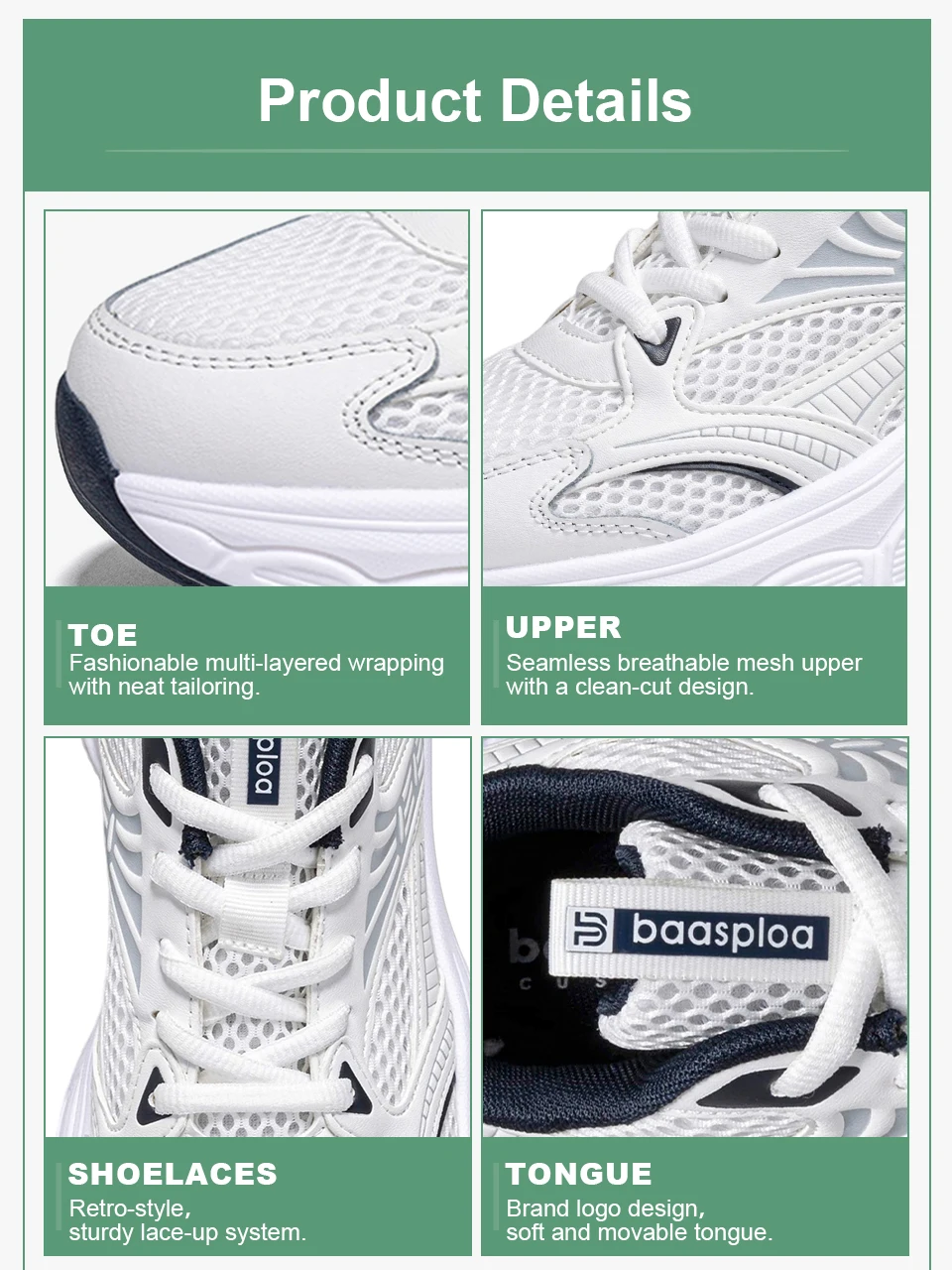 Baasploa Damen-Laufschuhe, leichte, atmungsaktive Sportschuhe für Damen, bequeme weiße Turnschuhe, lässige Turnschuhe, rutschfest – Detail 5