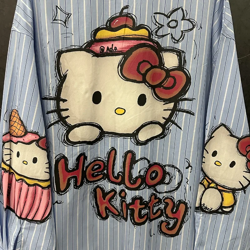 ハローキティトレンド女性のシャツストライプ長袖ルーズトップスかわいい女の子カジュアル Tシャツストリート原宿シャツ 2025 春