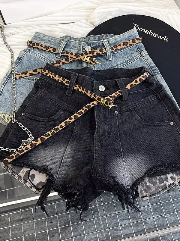 American Style High Waist Dark Grey Denim Super Short Women's plus Size Loose Slimming Frayed Hem Wrap around Hot Pants