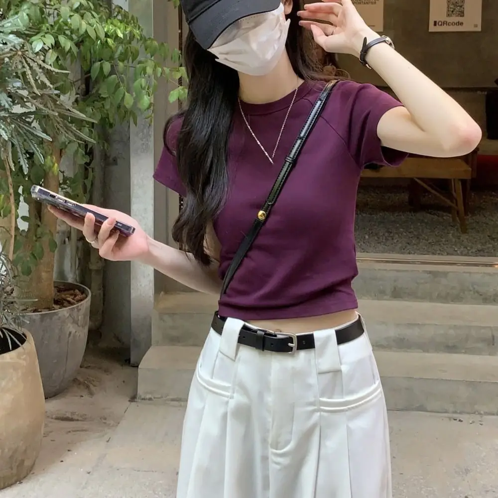 Eenvoudige effen kleur korte mouw T-shirt slim fit chic Y2K crop top Koreaanse stijl zoete tees shirts dames streetwear