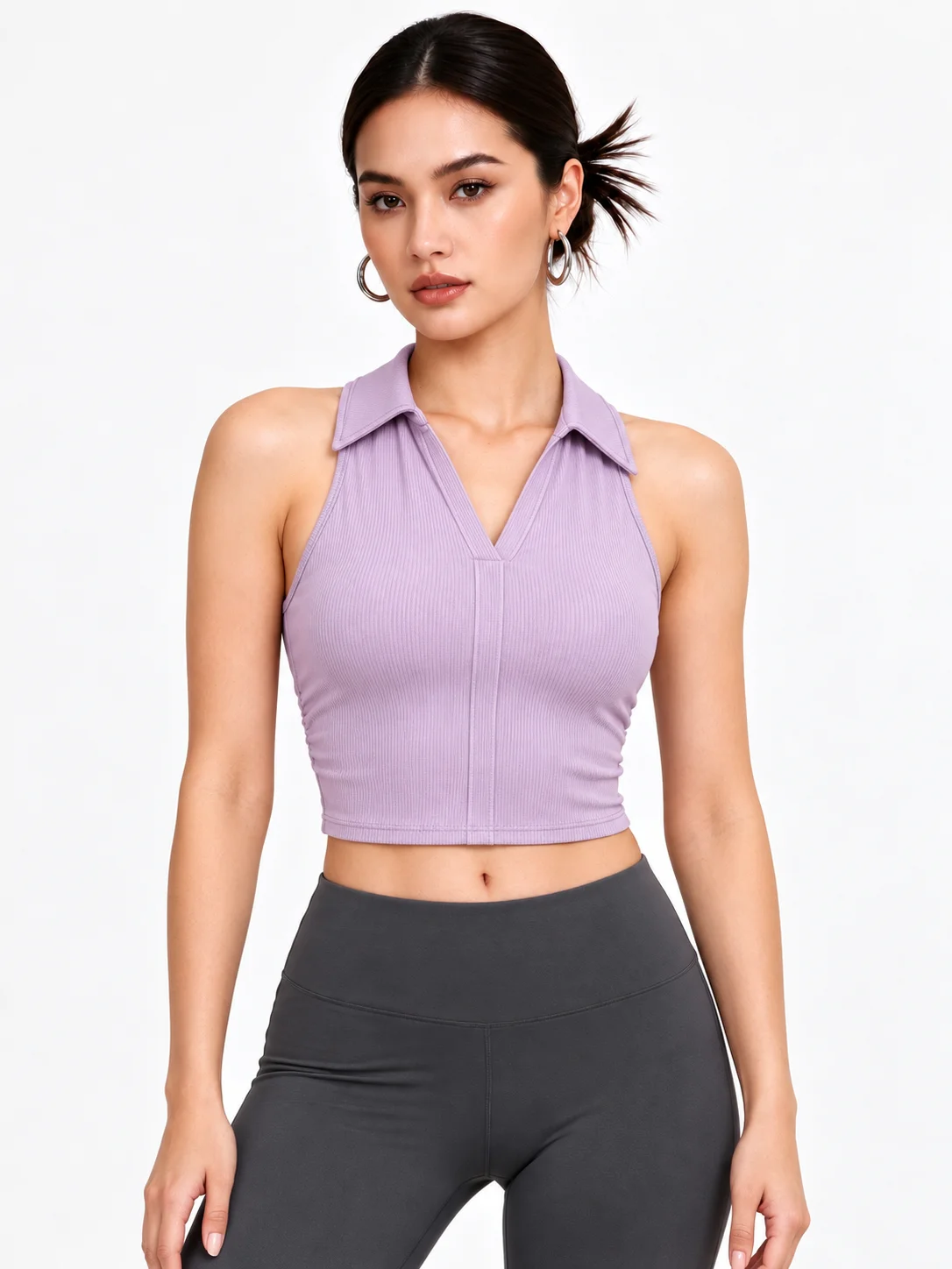Women's V Neck Polo Crop Tank Top, Ribbed Slim Fit Sleeveless Sports Shirt for Yoga, Training and Streetwear