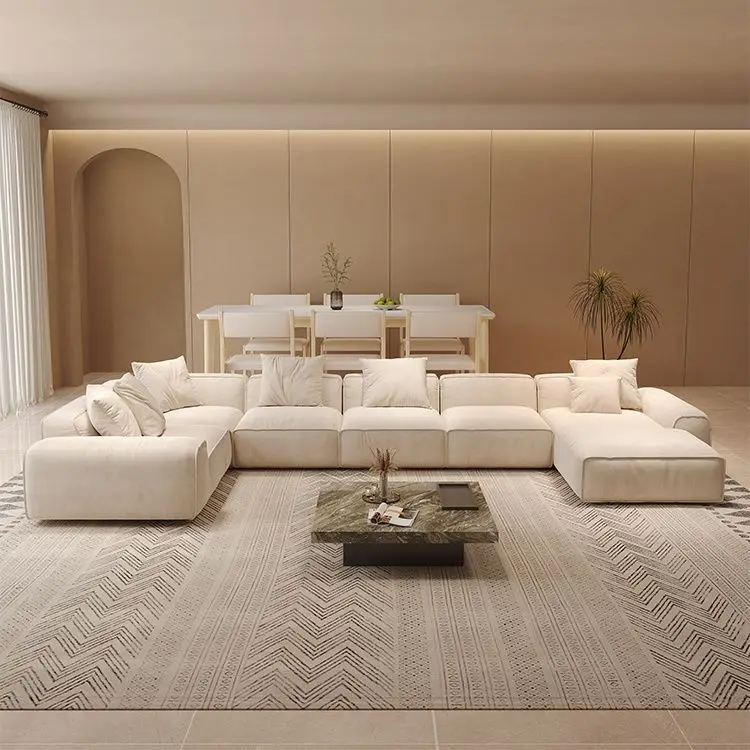Straight Row U-shaped Sofa Large Combination Matte Cloth Corner Large Apartment  Living Room Wabi  Style Sofa