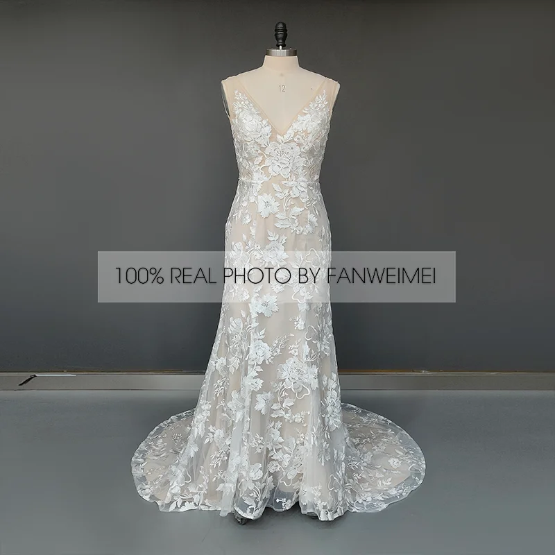 Real Photo V-hals Backless Champagne Kant Bohemian Bridal Bruiloft Trouwjurk Bruidsjurk Goedkope Fabriek Prijs