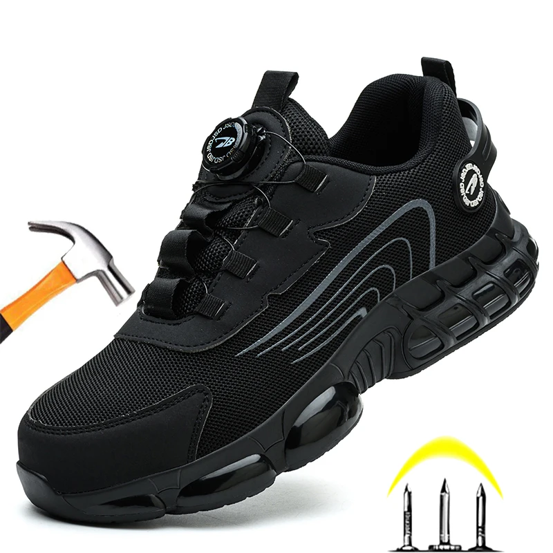 New Rotating Button Safety Shoes Men Steel Toe Sneaker Air Cushion Work Shoes Man Puncture Proof Work Protective Safety Boots