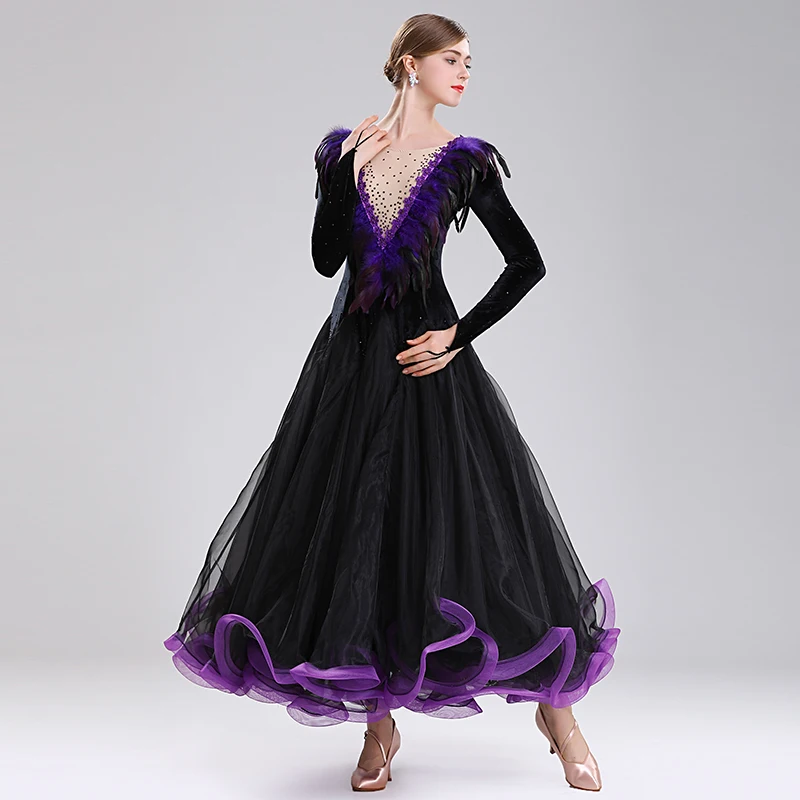 Customized Modern Dance Performance Costume Long Sleeved Feather Collar Big Swing Ballroom Dance Dress Adult Female