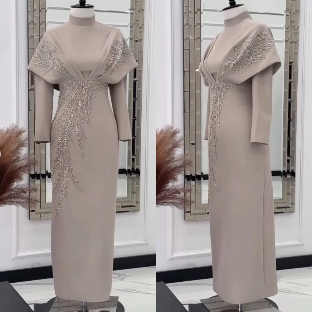 

Customized Sizes Available Jersey Sequined Pleat A-line High Collar Long Dresses Bespoke Occasion Casual