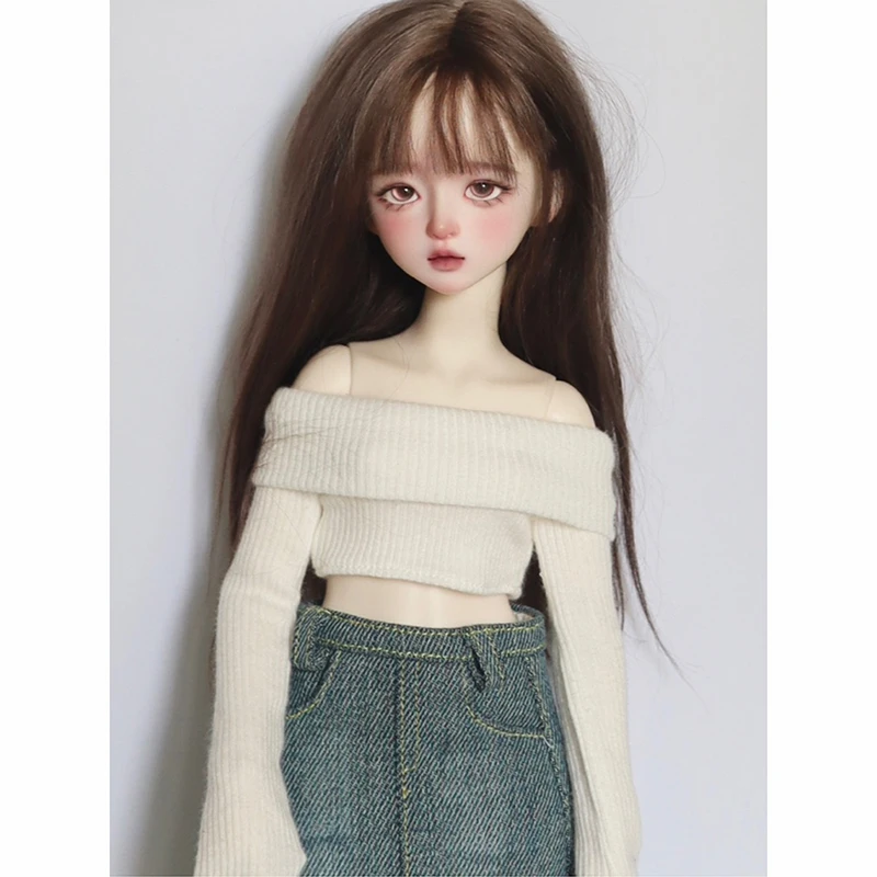 New (1/4 BJD Doll Clothes) Off Shoulder Sweater Knit Tops Split Denim Long Skirt Vintage Dress for 1/4 SD MSD Dolls Accessories