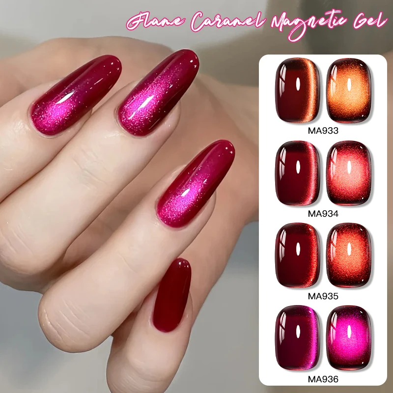 ยาทาเล็บเจลแม่เหล็กสีแดงคาราเมลเปลวไฟ พร้อมเอฟเฟกต์เม็ดแก้ว แบบกึ่งถาวร ล้างออกได้ด้วยน้ำยาล้างเล็บ ใช้กับหลอดไฟยูวีและแอลอีดี อุปกรณ์ทำเล็บ DIY