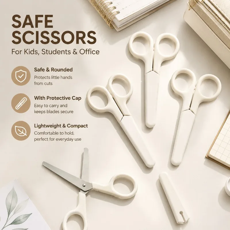 Ins‑style Cream‑colored Minimalist Scissors with Protective Cover Office Student Kids Safe Handcraft Shears Compact Cutting Tool