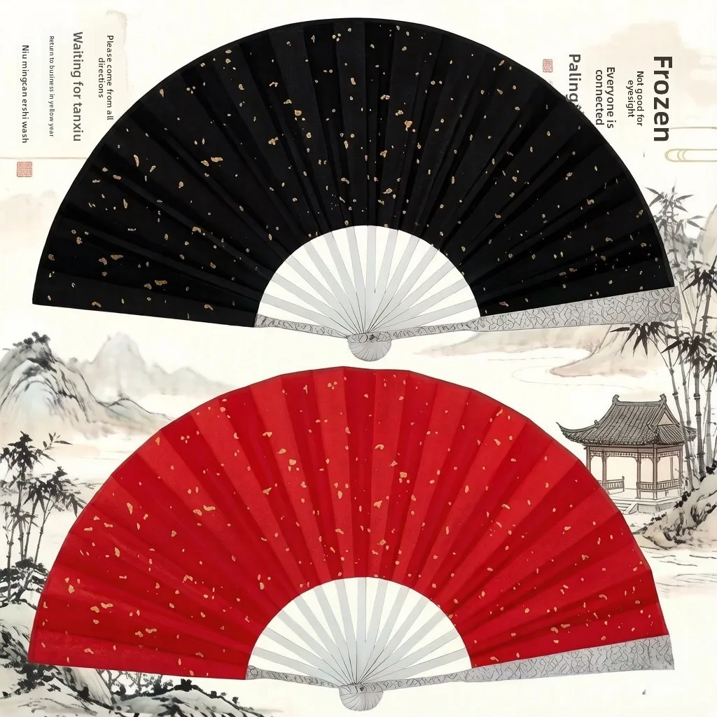Black lacquered gold silk fabric inscribed fan, chrome steel hand-forged metal, ancient style folding fan