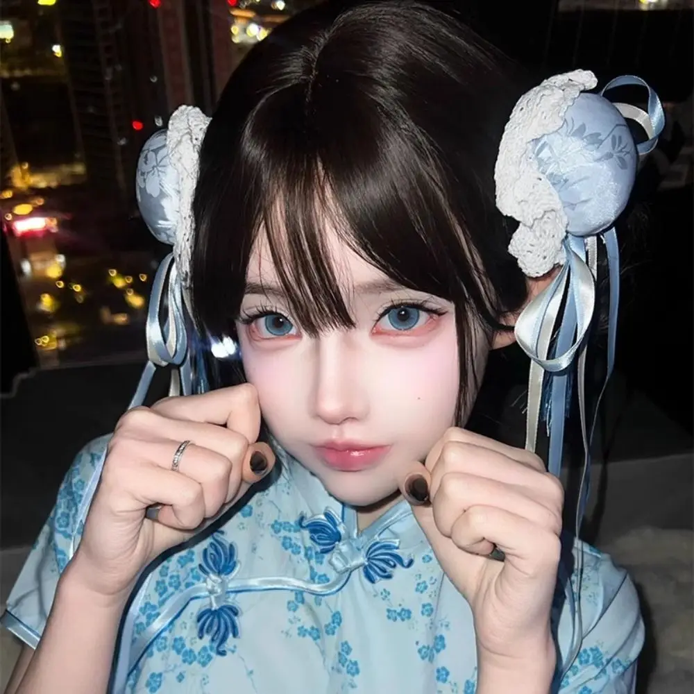 ลูกไม้ Chun-Li ผม Bun คลิปผ้า Cheongsam Headdress Bowknot พู่ผมคลิปอุปกรณ์เสริมผม Ruffle คอสเพลย์ Headwear
