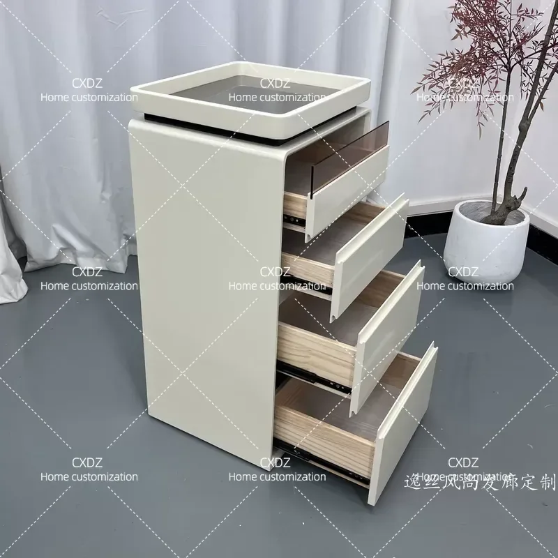 Modern Barber Shop Storage Cabinet with Multi-layer Drawers and Tray Solid Wood Tool Locker for Hair Salon Fashion Beauty