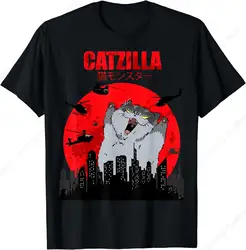 Funny Cute Art Japanese Cat Graphic For Cats Lover Catzilla T-Shirt Cotton Tee Daily Soft Unisex Clothing