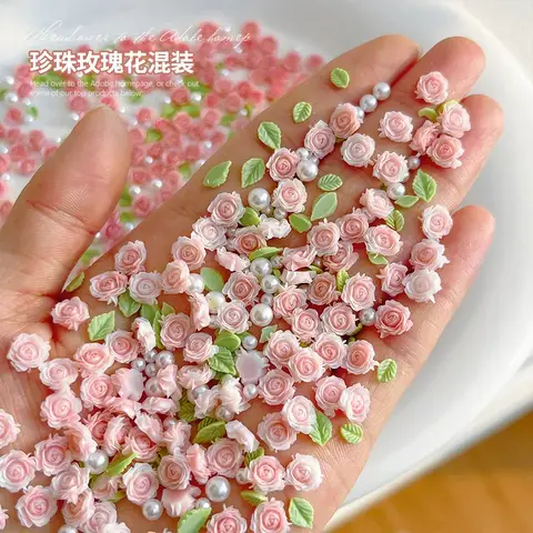 30pcs 3D Mixed Size Pearl Resin Flower Rose Nail Charms Accessories Pink Rose Red Nail Art Luxury Decoratons Supplies Parts DIY