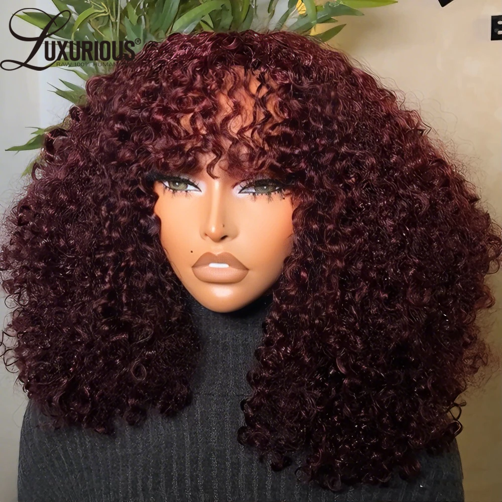 

Бордовый бирманский вьющийся парик из натуральных волос на кружеве спереди с челкой 250% Парики из натуральных волос с кружевной застежкой высокой плотности для женщин, предварительно выщипанные