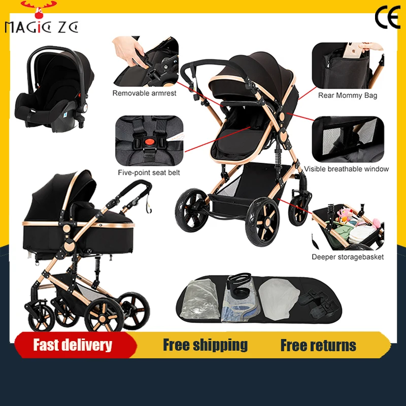Poussette Bébé Portable 3-en-1, Landau à Vue Haute, Pliable, Légère, Système de Voyage, Buggy pour Nouveau-né avec Siège Auto et Nacelle