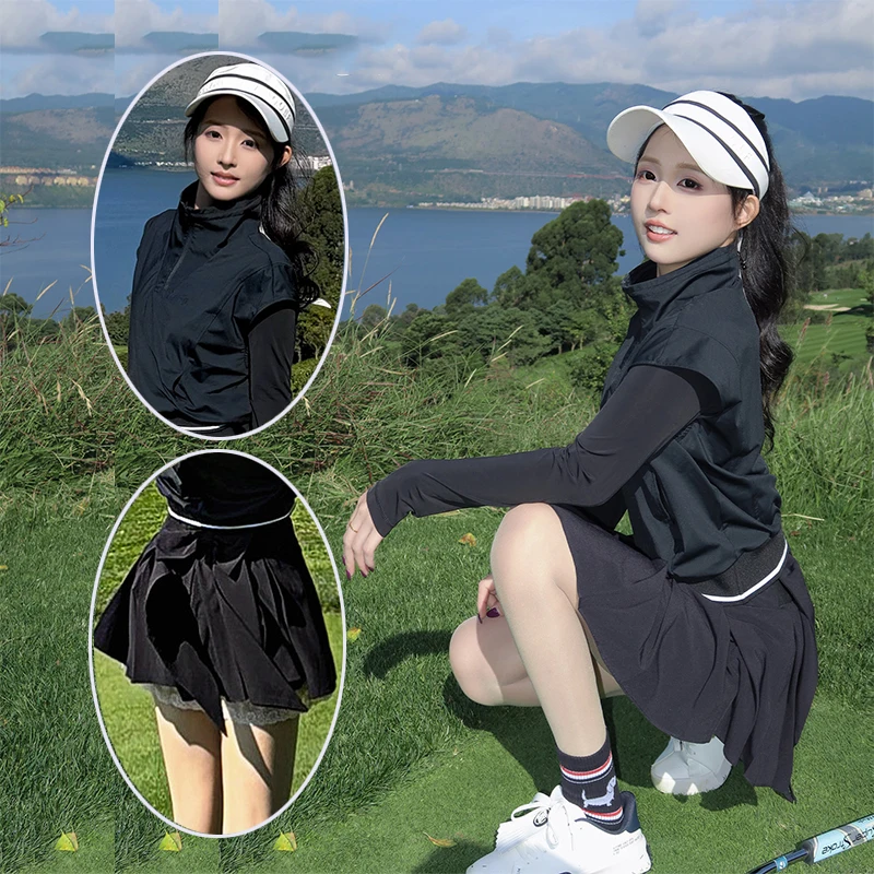 SG Spring Autumn Golf Women Shirts Fake Two-pieces Long Sleeve Top Zipper Collar Polo T-shirts Layd Bowknot Pleated Golf Skirt