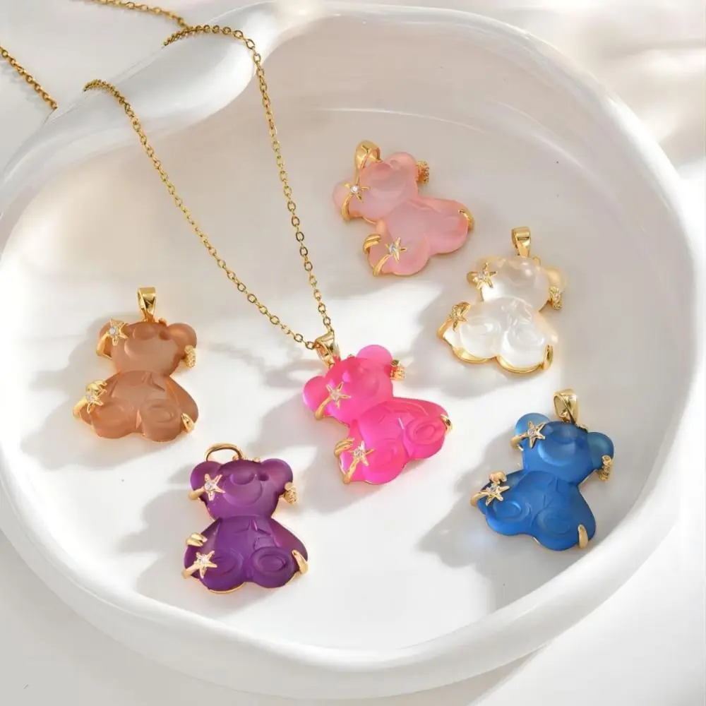 Senior Sense Cute Bear Pendant Necklace Gold Chain Titanium Steel Crystal Clavicle Chain Colorful Bear Trendy