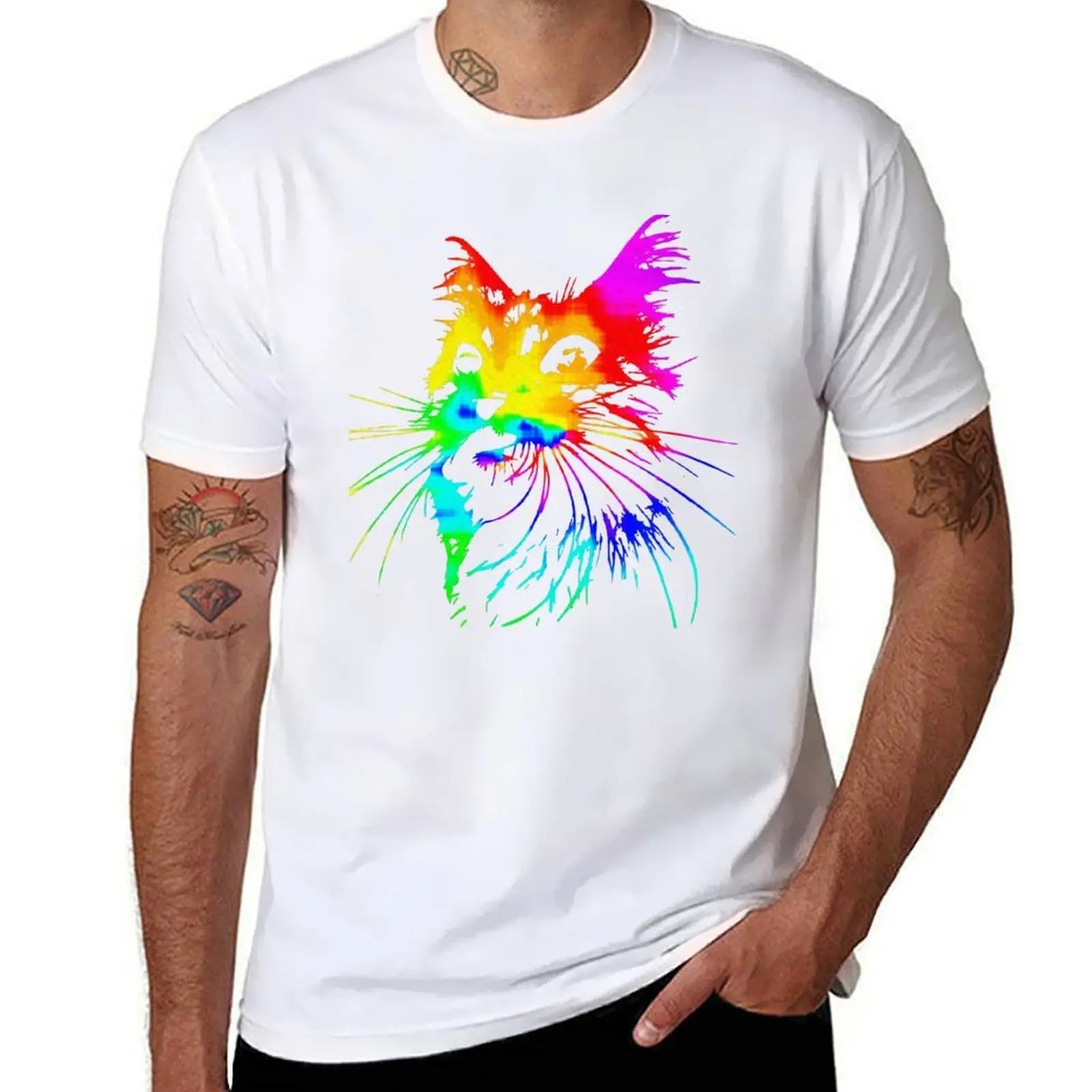 groovy Tie GlowingArt Rainbow cat, dye cat, T-Shirt Outdoor Work Short Sleeve Top