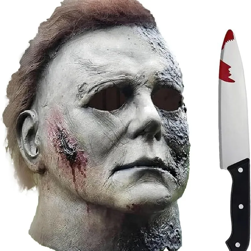 Halloween Michael Myers Mask Scary Killer Full Head Mask Creepy Fire Burn Scar Latex Face Mask Cosplay Costume Party Props Knife