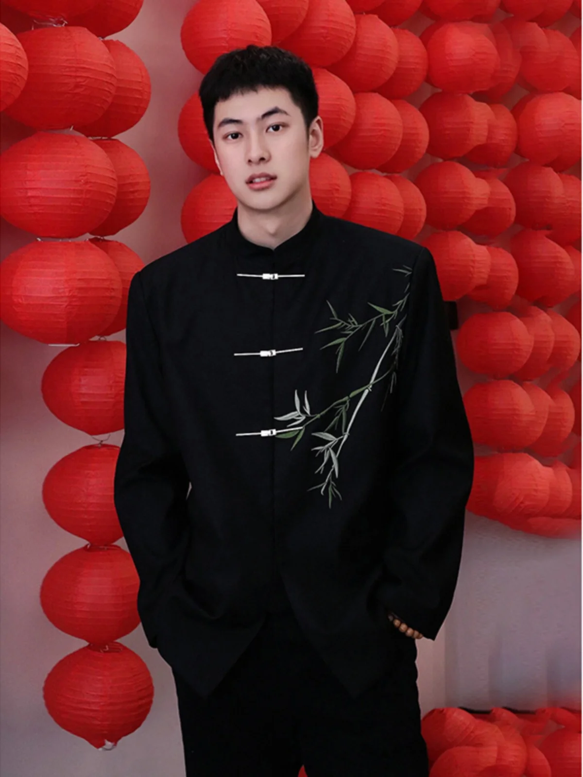 New Chinese Style Embroidered Bamboo Men's Suit Jacket Wedding Ceremony Set Standing Collar Jacket Zhongshan Suit Trendy West...
