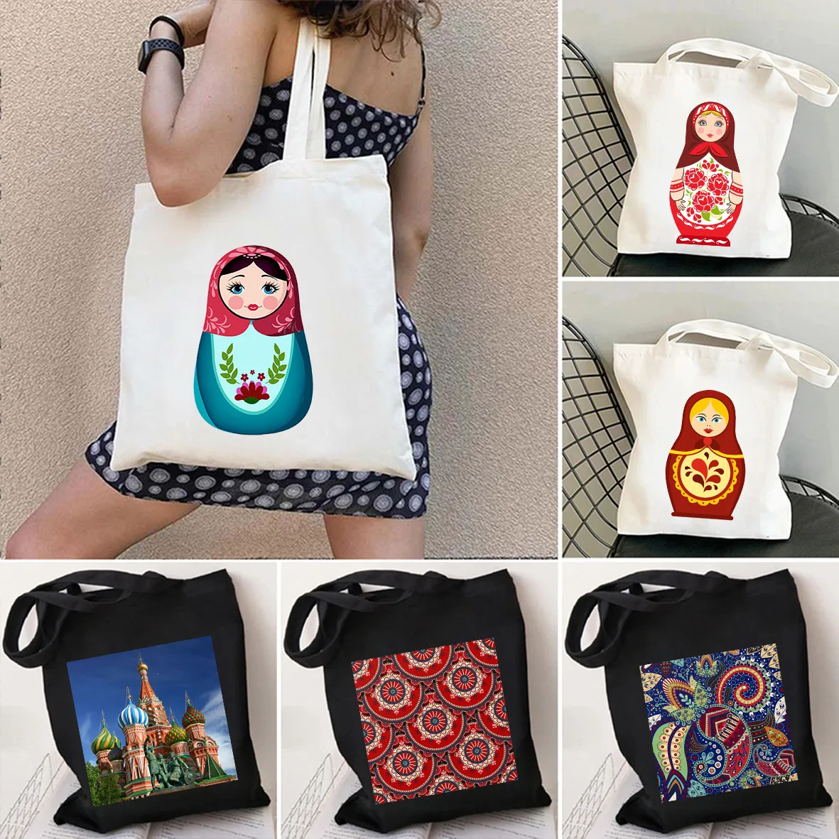 Matrioska Russian Doll Moscow kremake Russia Khohloma Art Shoulder Canvas Tote Bag Harajuku Shopping Cotton Eco Shopper Handbag