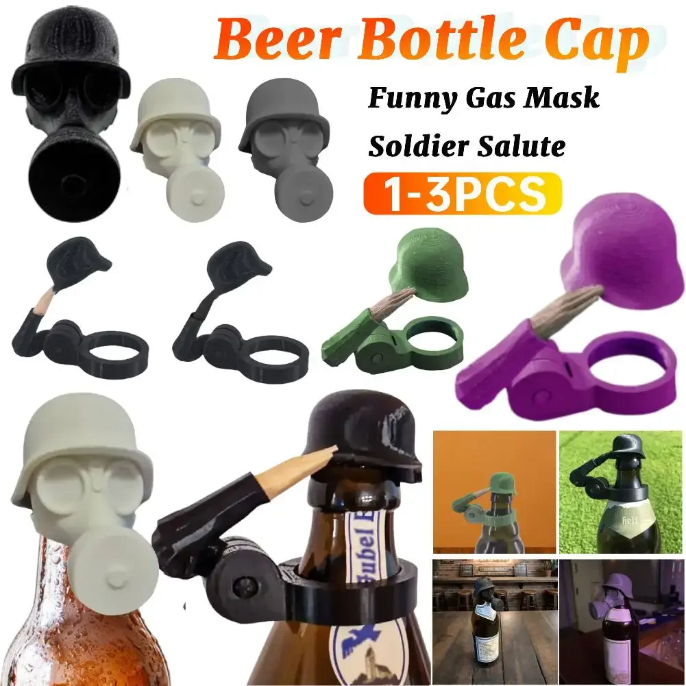 

1-3 Pcs Creative Soldier Salute Beer Bottle Reusable Gas Mask Beer Bottle Topper Helmet for Liquor Preservation & Dustproofing