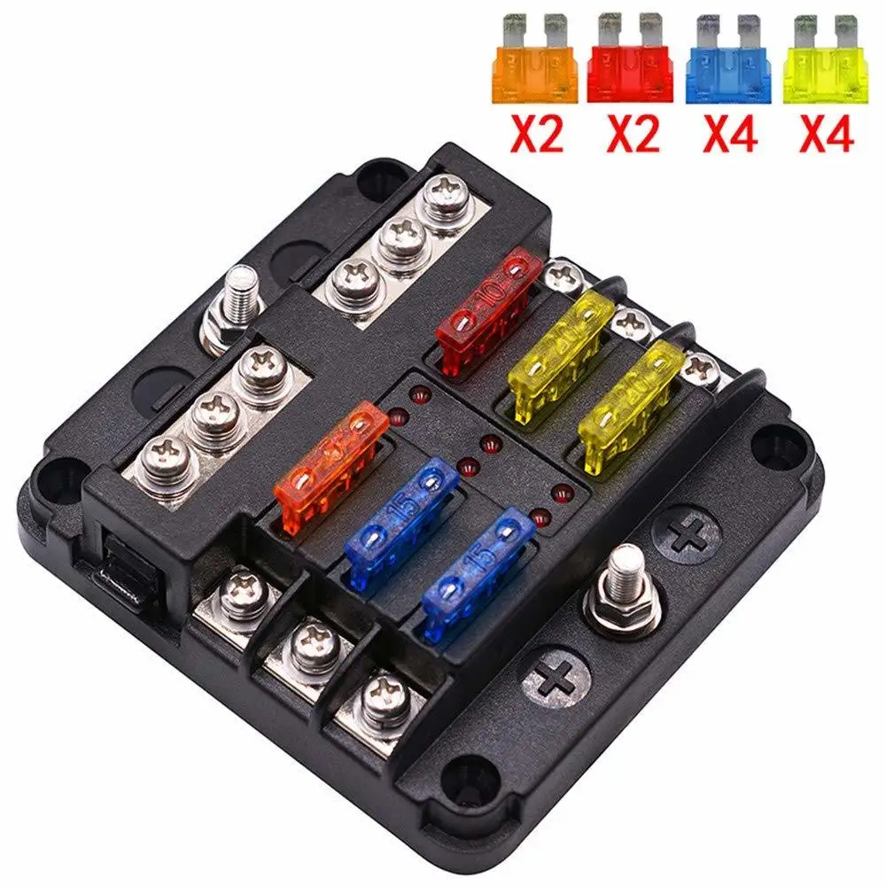 Stable-6-Way Waterproof Fuse Block,With LED Indicator 12 Circuits With Negative Marine Fuse Box For Dc 12/24V Car Boat RV Truck
