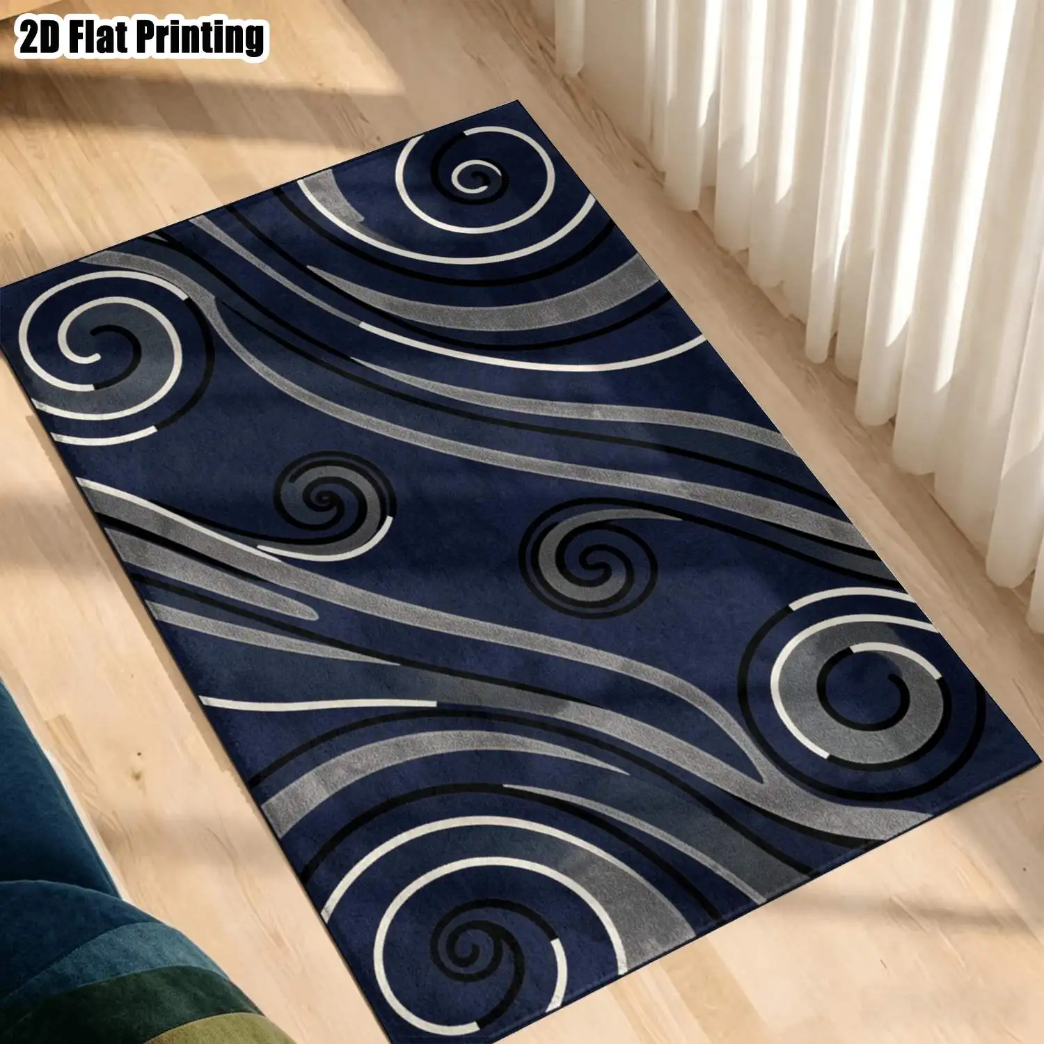 1Pc 2D Printed Carpet: Dark Blue-Grey Spiral Geometric Nordic Rug, Suitable for Modern Minimalist/European/Vintage Interiors, Machine Washable, Multi-Size, Ideal for Entryway, Dining Room, Foyer, Living Room, Bedroom Decor