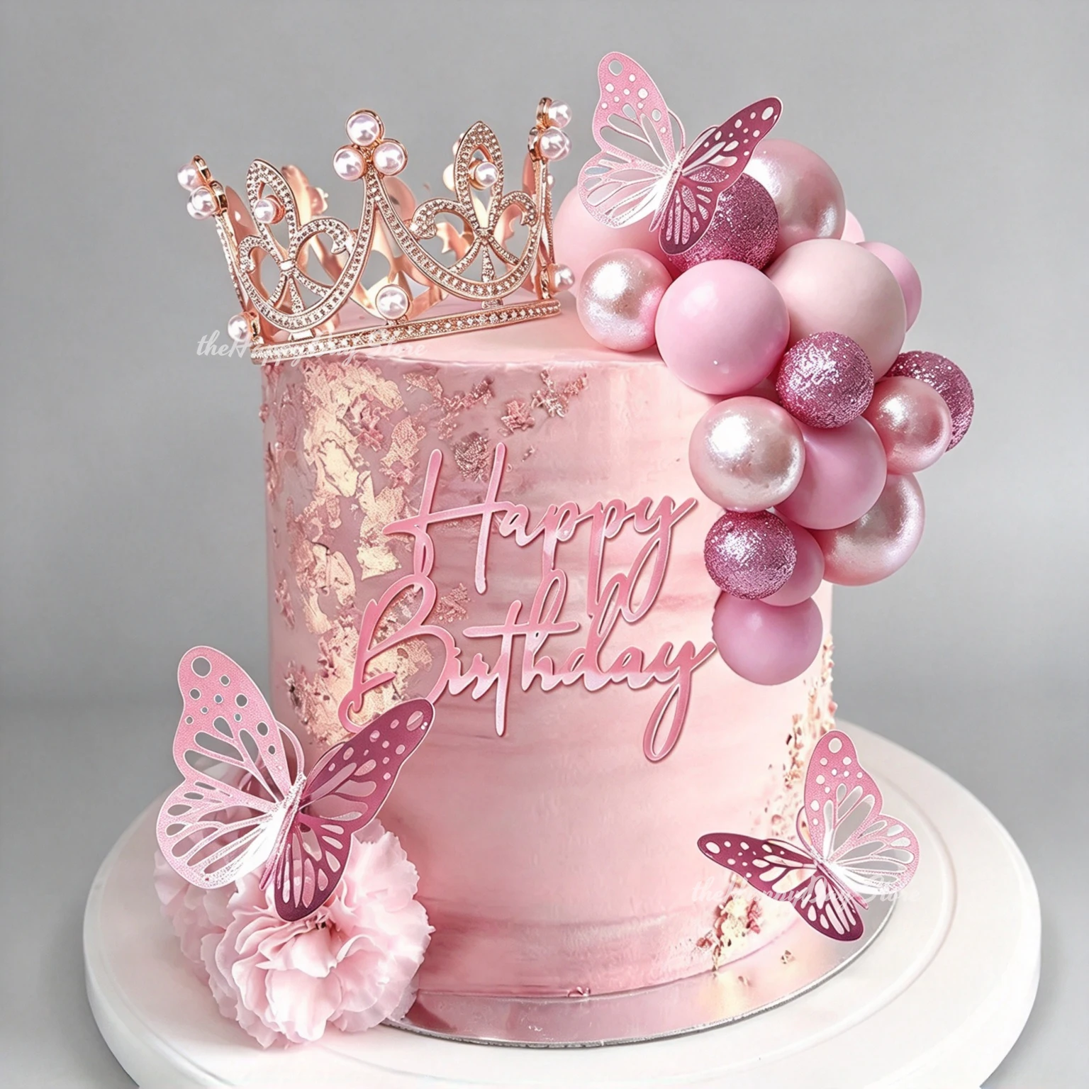 1 Set Pearl Pink Balls Cake Toppers Crown Tiara Butterfly Cake Toppers Decorations for Birthday Wedding Bridal Shower Cake Decor