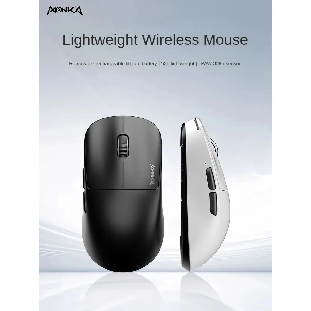 MONKA M3 Wireless Tri-mode PAW3395 Lightweight Gaming Mouse Bluetooth 1Khz 2.4g Wired Office High Performance Long Battery Life