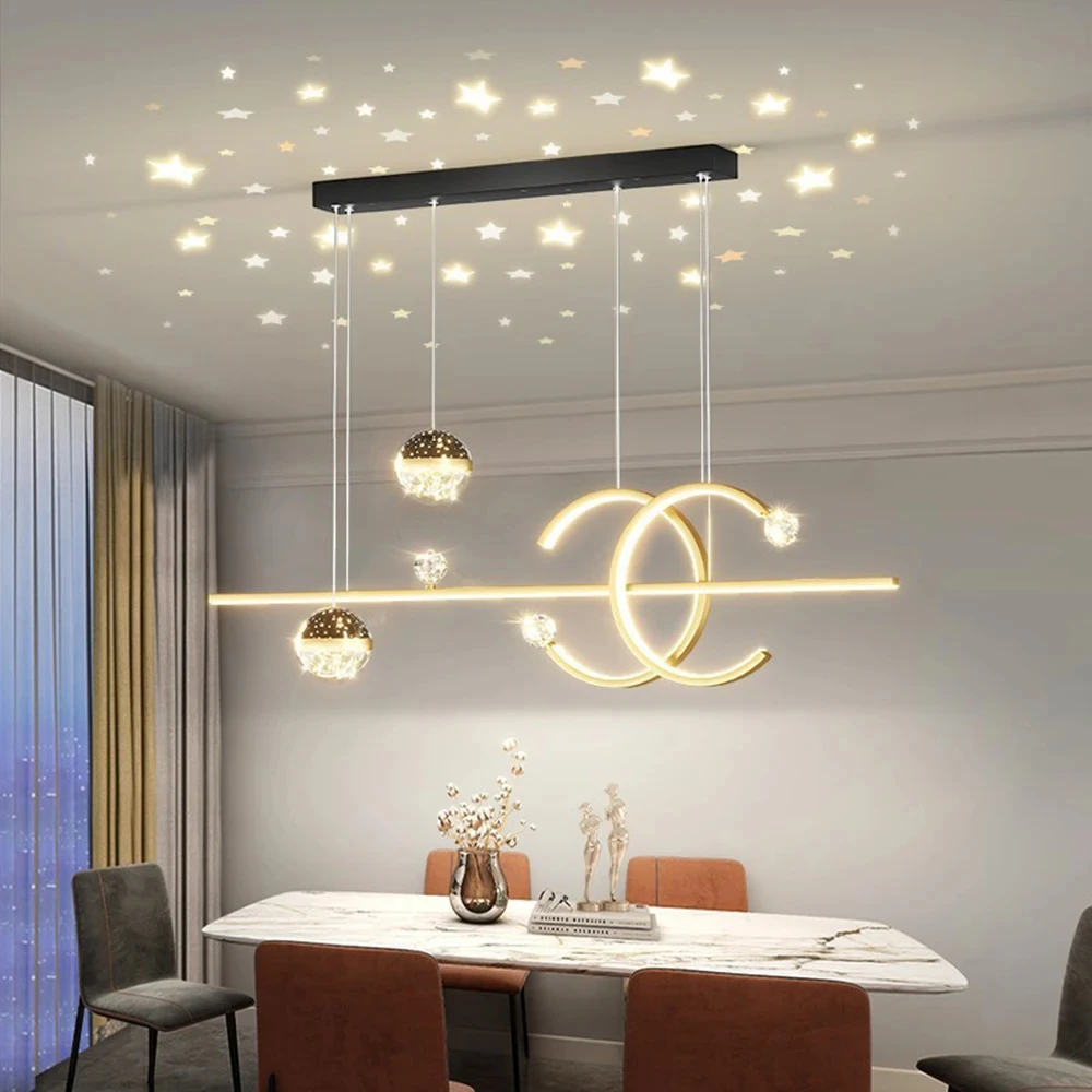 Dining Room Chandelier Modern Minimalist New Star Top Nordic Long Dining Table Lamp Gold Black Home Lighting Pendant Lights