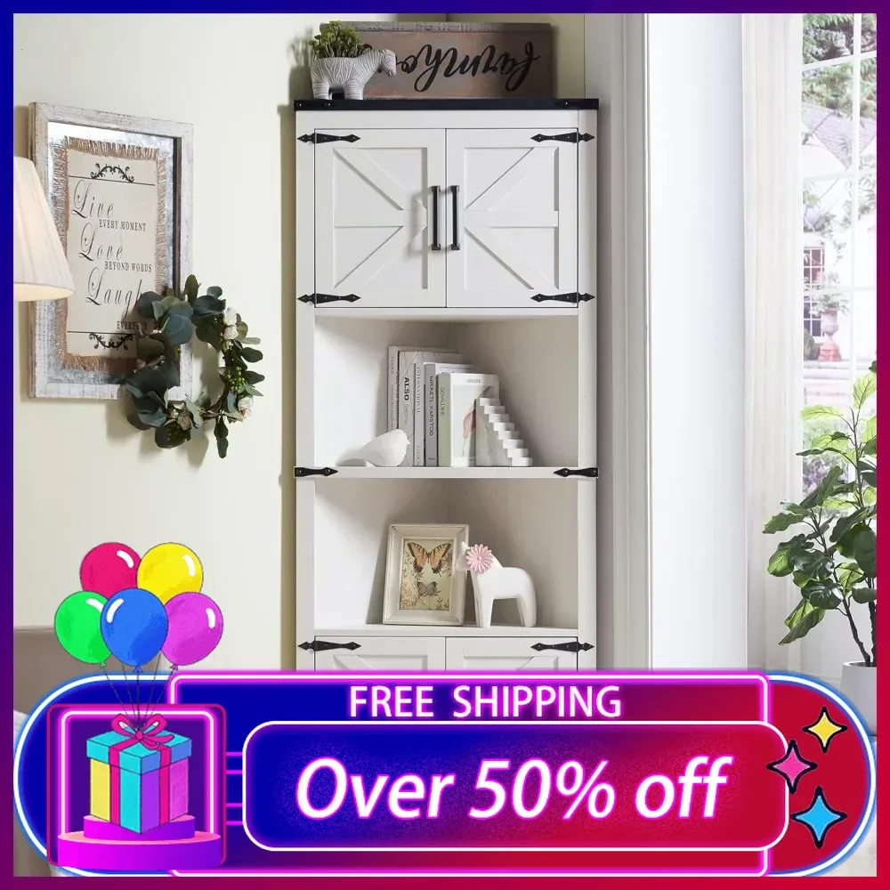 Display Cabinet, Tall Corner Bathroom Storage Cabinet with Barn Door Design & Adjustable Shelves, for Laundry Room, Living Room