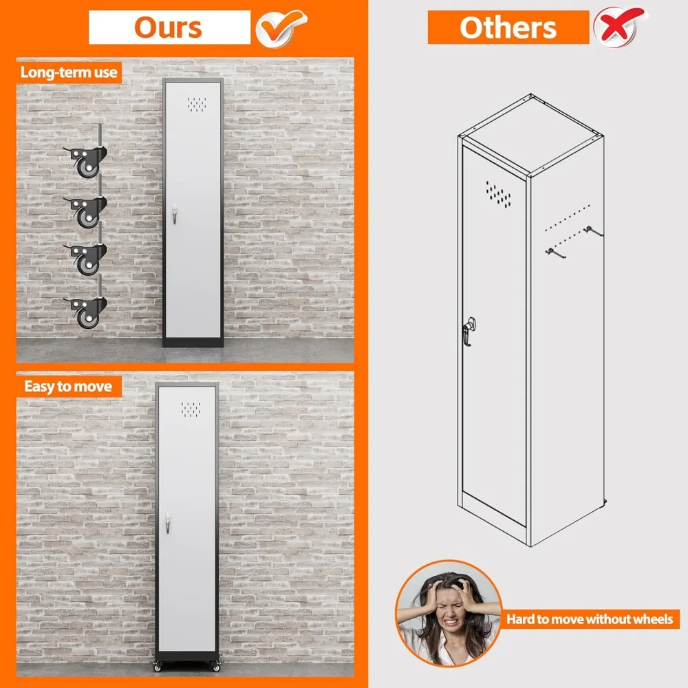 ตู้เก็บของขนาด 72 นิ้ว พร้อมล้อเลื่อน, ตู้เก็บเครื่องมือทำความสะอาดโลหะแบบล็อคได้พร้อมตะขอ, อุปกรณ์ทำความสะอาดสำหรับชั้นวางไม้กวาด