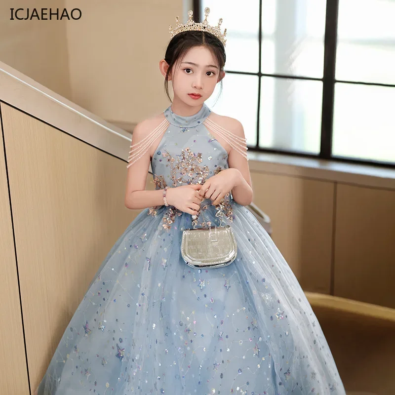 ICJAEHAO 2024 Blue Girls\' Dress Summer Light Luxury Niche High-end Princess Matching Children\'s Host Piano Performance Clothes