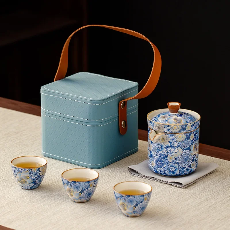 Ruyao Blue and White Quick Cup One Pot Three Cups Travel Kung Fu Tea Set Portable Outdoor Camping Colorful Designer Gift Set