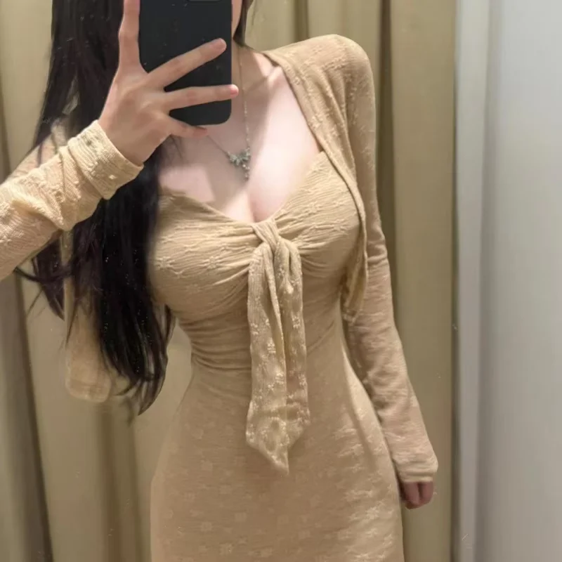 Dress Set Women's Clothing 2 Piece Sets Long Sleeve Cardigan Tops Bandage V-neck Backless Bodycon Maxi Dresses Suit Sexy Outfits