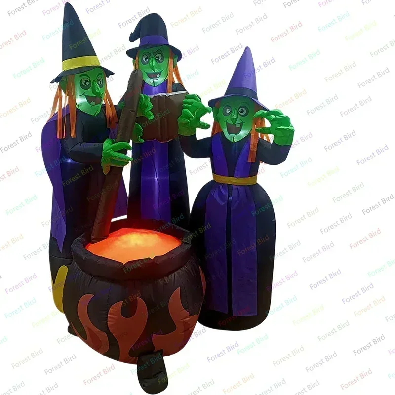 Halloween Inflatables with Build-in LEDs Three Witch Around Cauldron with Flame Light Inflatable Decoration Blow Up Inflatables