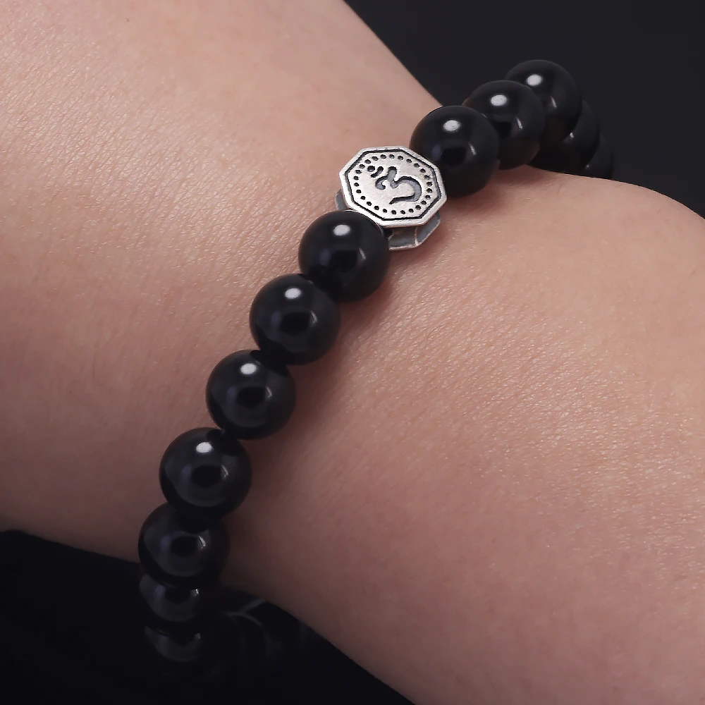 8mm Natural Stone Beaded Bracelet for Men Women 925 Sterling Silver Vajra Six Words Mantra Charm Obsidian Agate Handmade Jewelry view 6