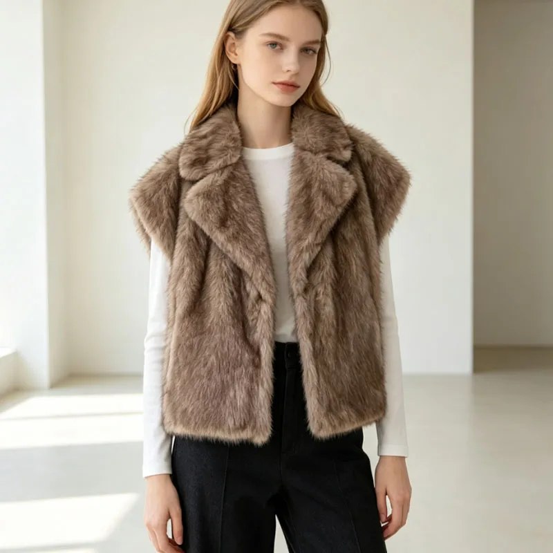 Women's loose-fit lapel puffy vest sleeveless cardigan  thick fuzzy fluffy vest warm winter layering jacket