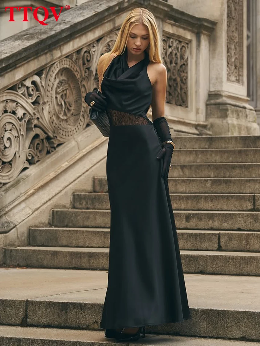 

TTQV Sexy Slim Black Satin Women's Dress 20262 Summer Halter Sleeveless Maxi Dresses Elegant Backless Lace Spliced Female Dress