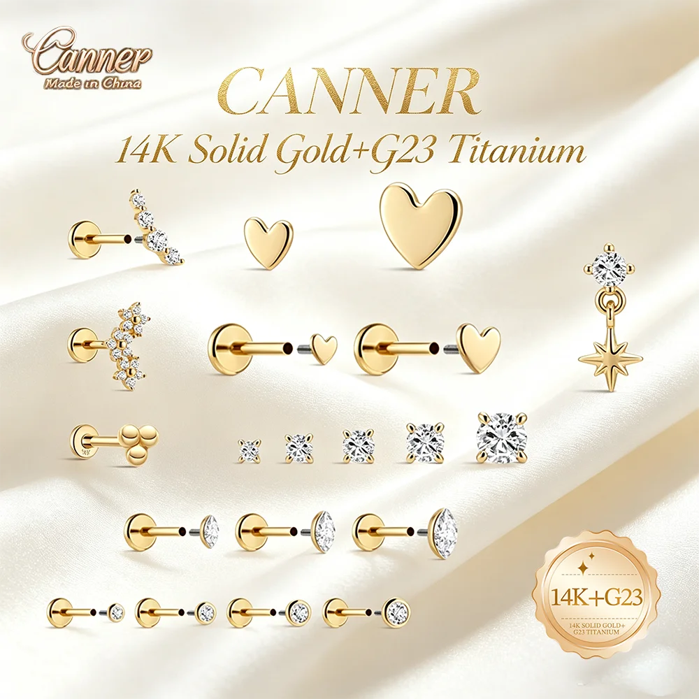 CANNER Juego de Aretes Pequeños de Oro Sólido de 14K, Múltiples Formas: Estrella, Corazón, Lágrima, Joyería para Perforaciones de Oreja, Hélice, Tragus, Concha, Regalo Diario