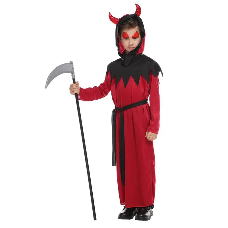 Disfraces de diablo de cuerno rojo aterrador para niños, disfraz de demonio para niños y niñas, disfraz de Halloween, vestido de Cosplay elegante