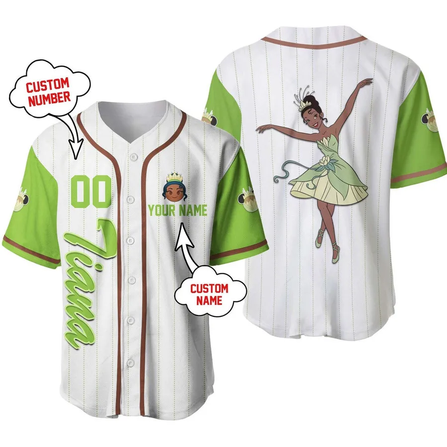 

Princess Tiana Baseball Jersey Adult Kids Personalized Short Sleeve Button Jersey Disney Baseball Jersey Casual Sports Shirt Men