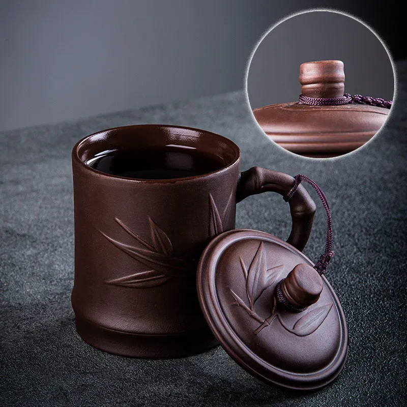 Retro Yixing Mug with Lid Peach Bamboo Purple Clay Tea Cup 400ml Teacup Office Zisha Tea Mug Traditional Chinese Teaware