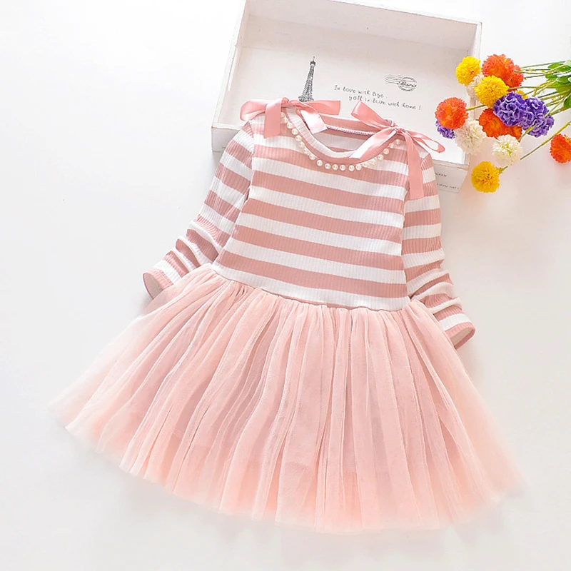 

Girls' Spring/Autumn Fashion Tulle Dress Children's Sweet Bow Pearl Stripe Skirt Kids Casual Cotton Long Sleeve Dress 9M-6 Years